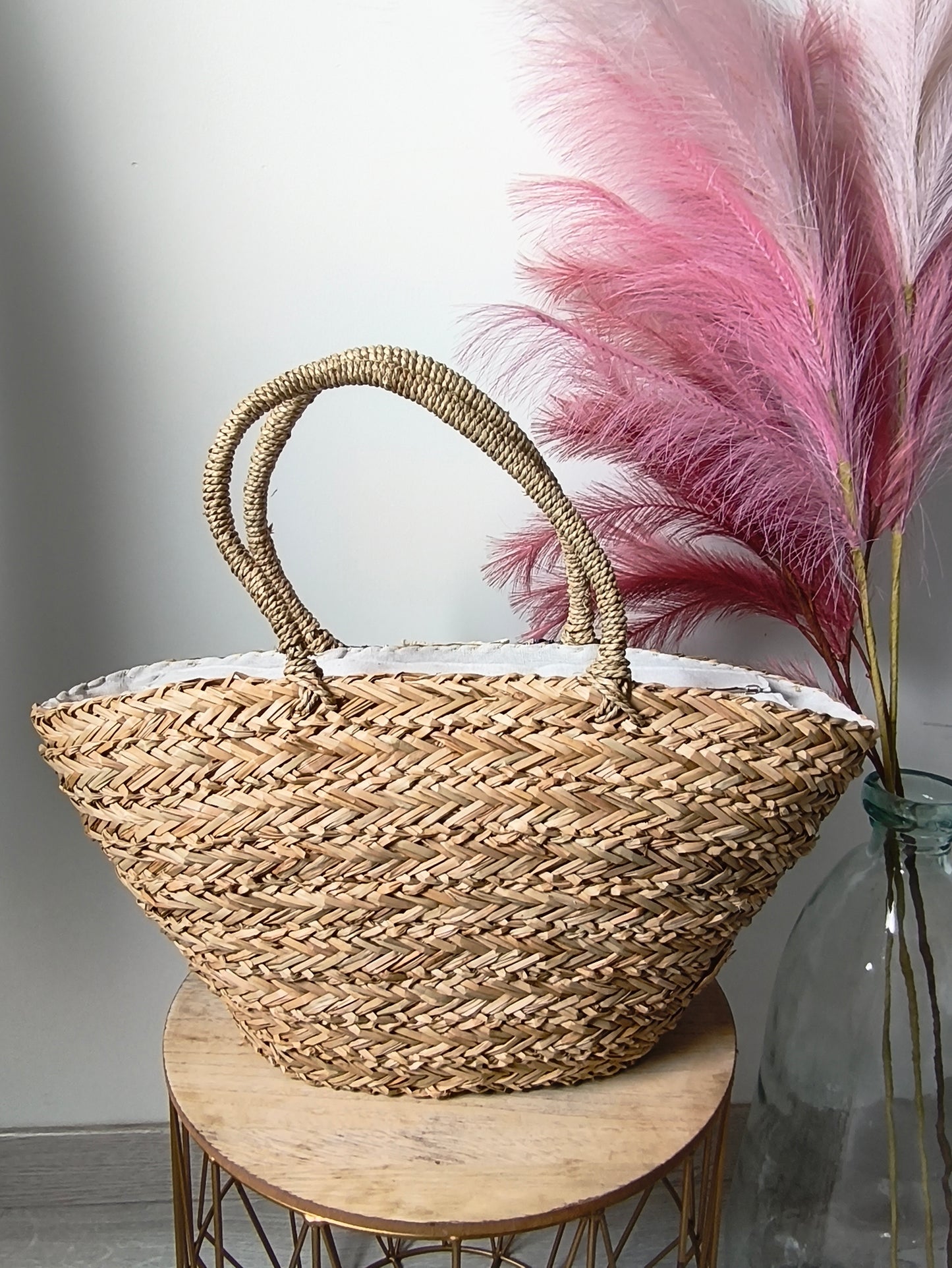 Sac paille et tissu bleu