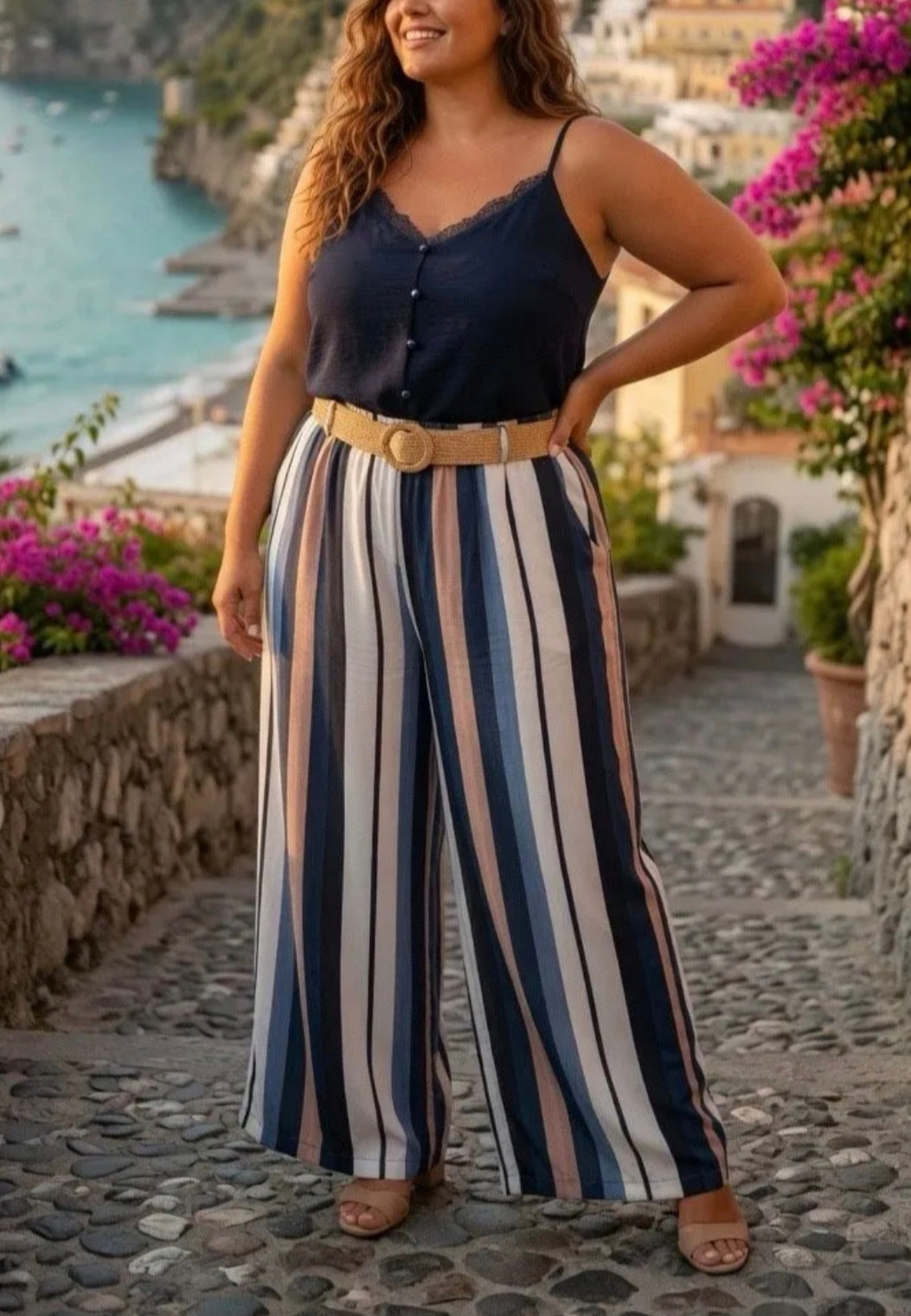 Pantalon palazzo à rayures bleues
