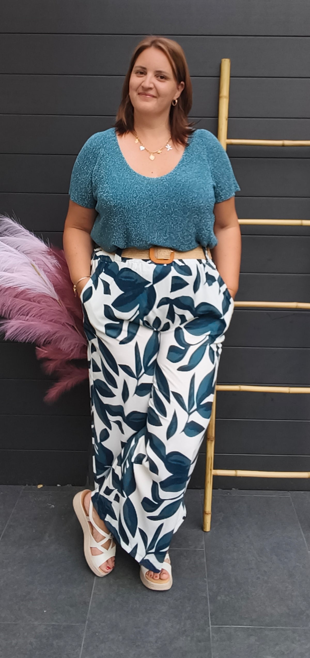 Pantalon feuille bleu canard