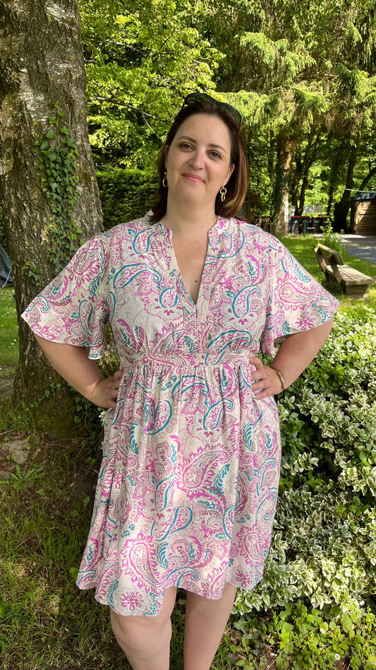Robe paisley rose et turquoise