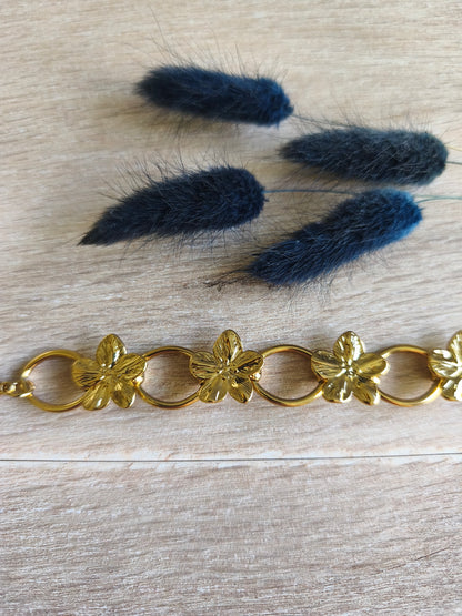bracelet en acier inoxydable avec fleurs tropicales ou fleurs du bonheur, couleur doré