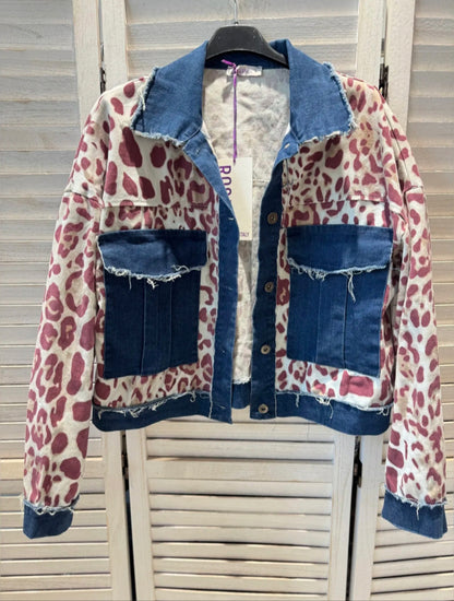 Veste jean léopard rose