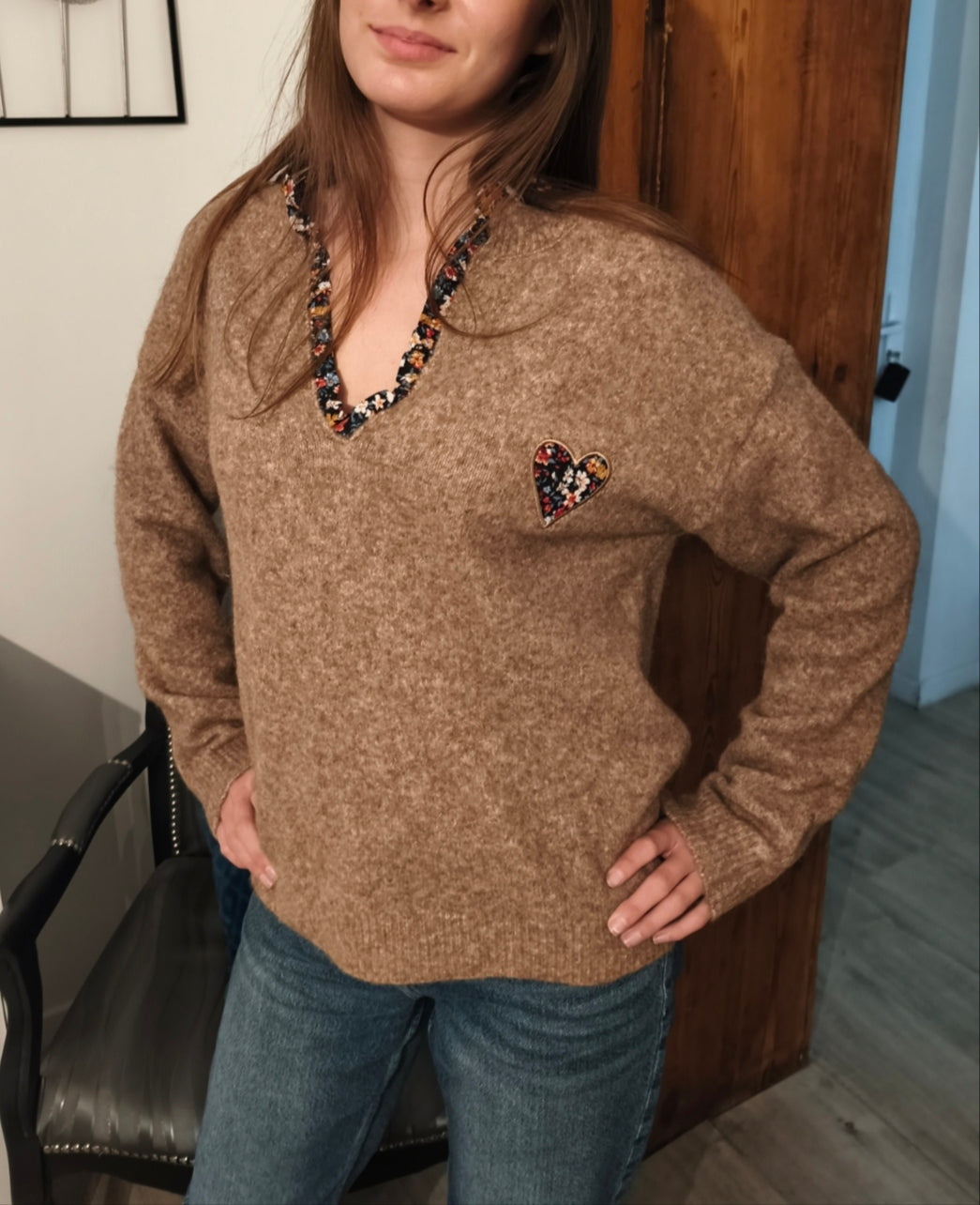 Pull marron clair cœur
