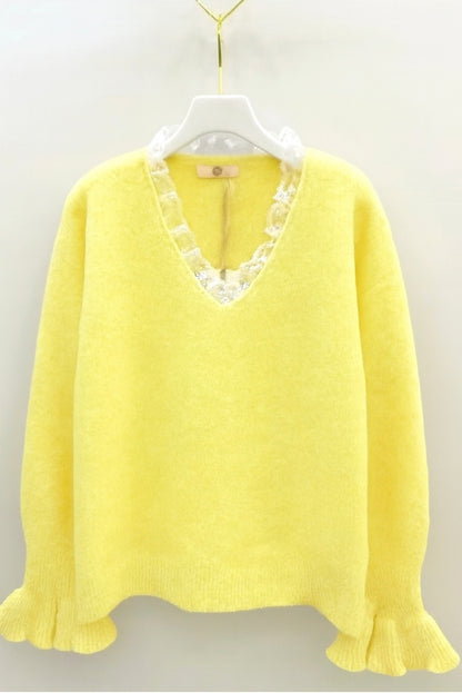 Pull jaune pastel manches volantées