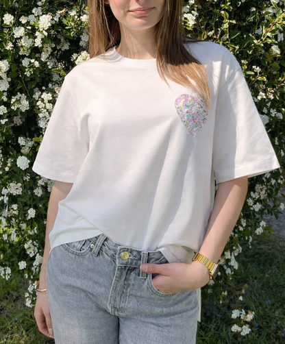 T-shirt coeur fleuri pastel