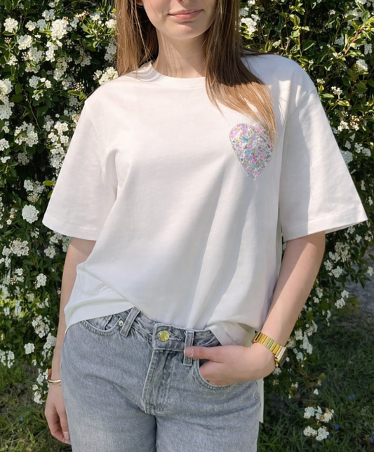 T-shirt coeur fleuri pastel