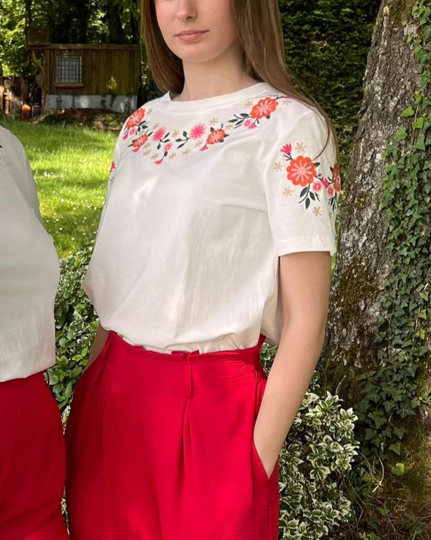 T-shirt blanc broderie fleurs