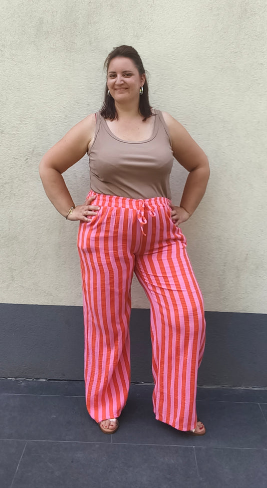 Pantalon fluide rayé rose et orange