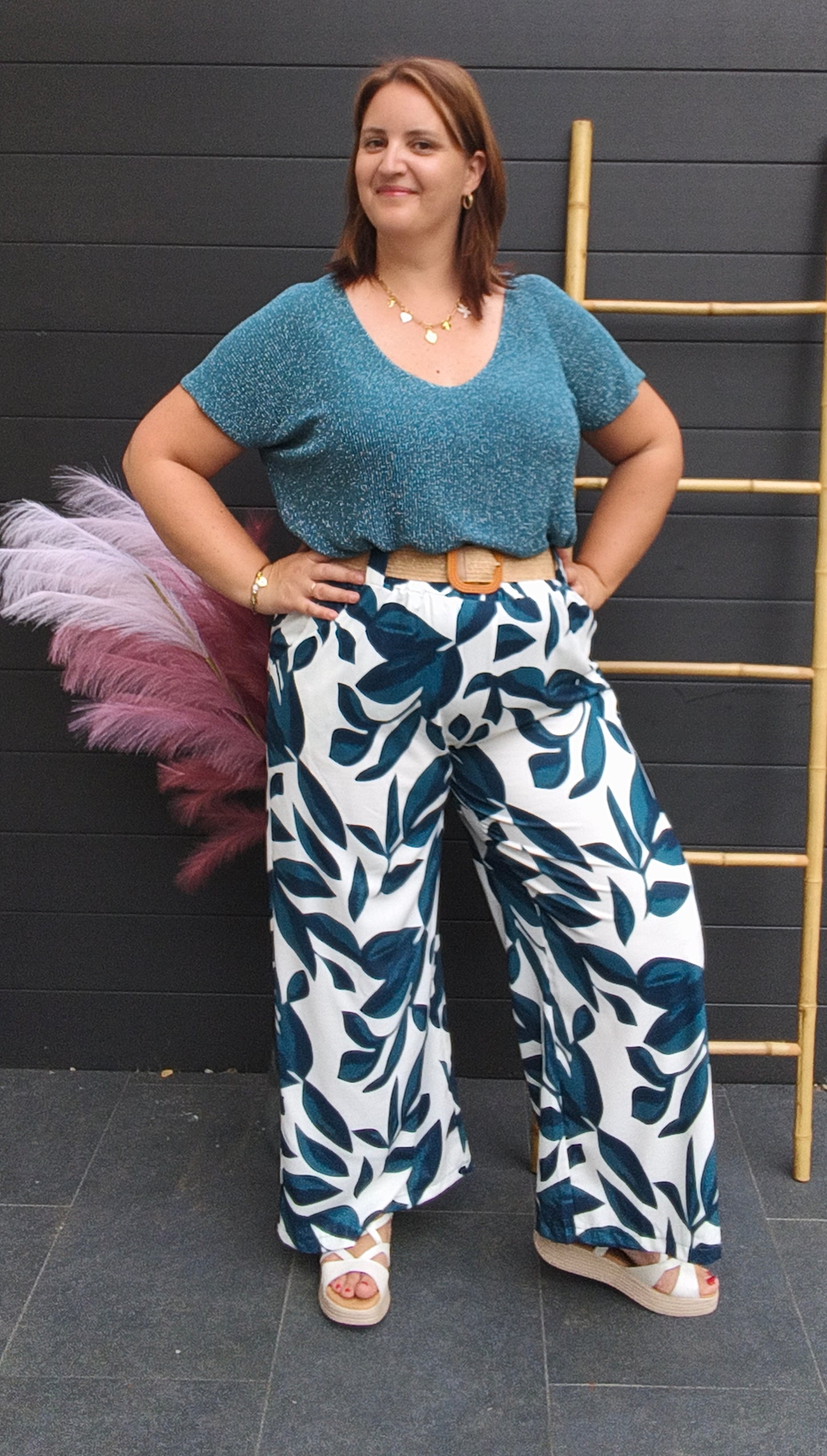 Pantalon feuille bleu canard