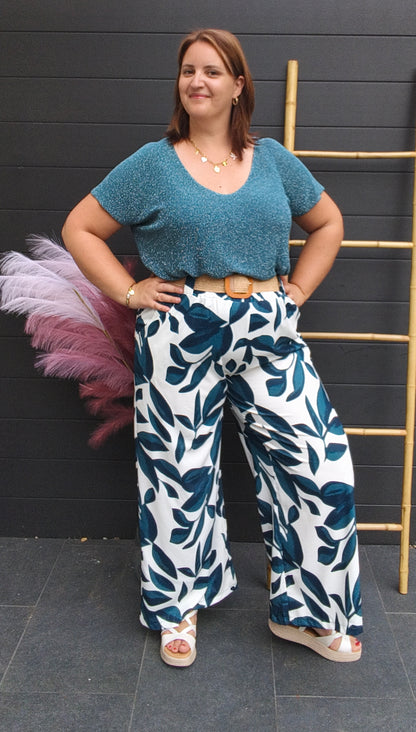 Pantalon feuille bleu canard