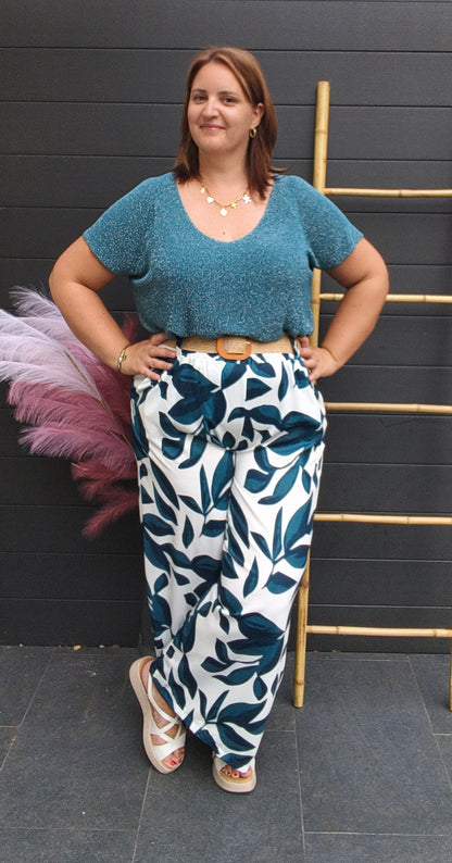 Pantalon feuille bleu canard