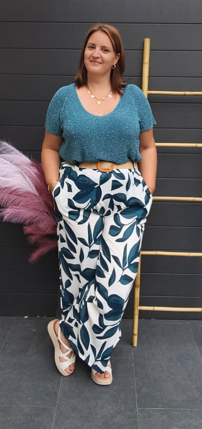 Pantalon feuille bleu canard